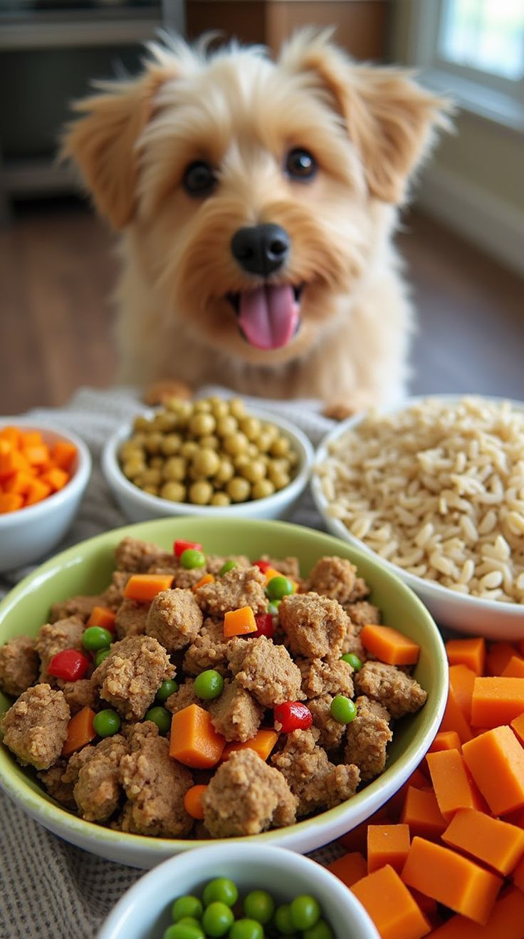 Small fluffy dog happily sitting behind a table filled with colorful, fresh homemade dog food including peas, carrots, ground meat, rice, and cheese cubes.